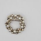 Vintage Silver Tone Wreath Brooch Faux Pearls White Rinestones Estate Sale