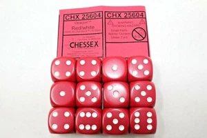 Chessex Dice 16mm D6 (12 Dice) Opaque Red / White CHX25604 - Picture 1 of 1