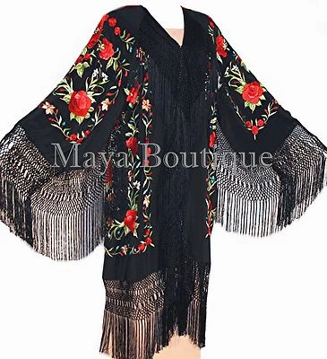 Abrigo de Ópera de Seda Bordado Kimono Chaqueta Flamenca Rosas Rojas Negro Maya Matazaro Foto 1 de 4