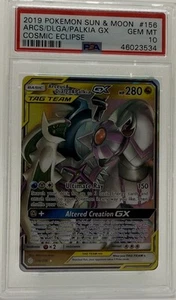 2019 POKEMON SUN & MOON COSMIC ECLIPSE #156 ARCEUS & DIALGA & PALKIA GX PSA 10 - Picture 1 of 2