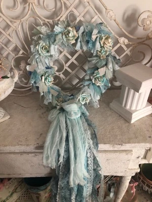 Large Hand Dyed Blue Tattered Rag Heart Wreath Paper Roses Shabby Chic - Image 1 of 4