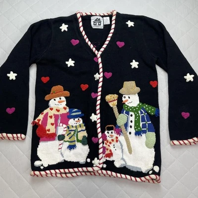 Cardigã suéter feminino Storybook tricotas boneco de neve pequeno preto Natal feriado - Imagem 1 de 4