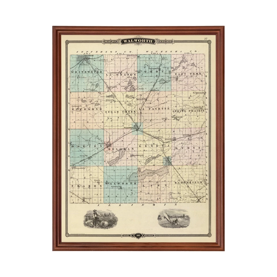 Old Map of Walworth County, WI 1878 - Vintage Wisconsin Art - Image 1 of 4