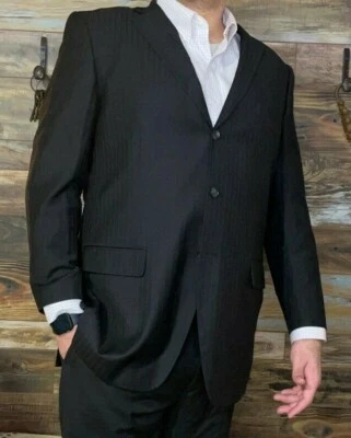 Bachrach 100% 羊毛黑色条纹双通风西装外套运动夹克尺寸 48L — 第 1/4 张图片