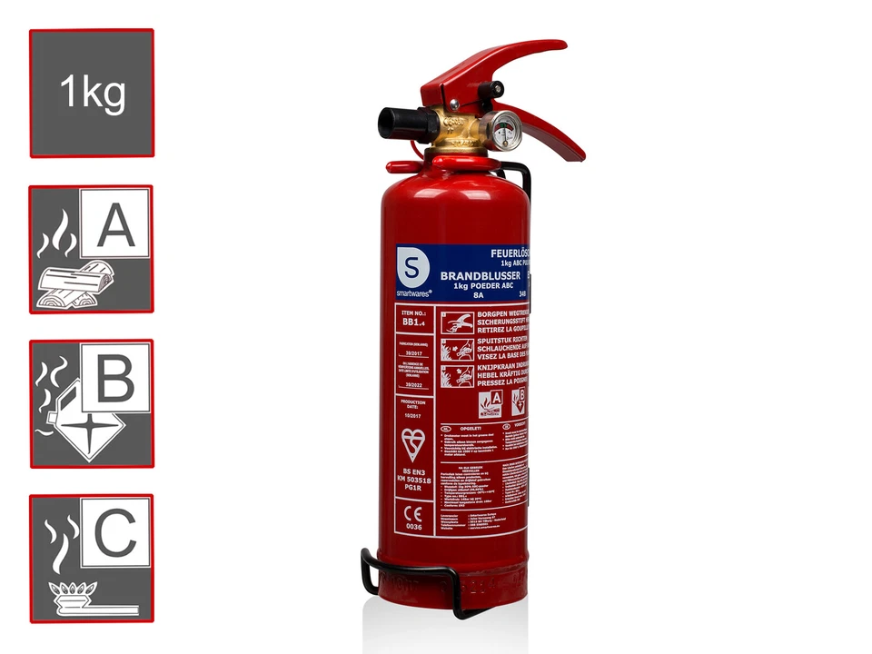 SMARTWARES Pulverfeuerlöscher, Brandklassen A, B und C, Brandlöscher, Handfeuerlöscher, 1kg