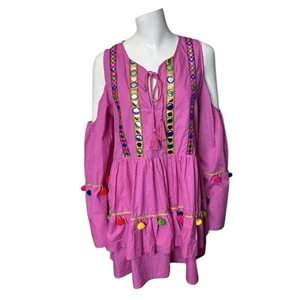 NWT Pretty Little Thing Pink Pom Pom Mirror Trim Shift Dress Size 10 Art to wear - Picture 1 of 15