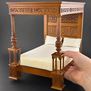 Canopy wooden 16th century England walnut 4- Poster Bed 1:12 dollhouse miniature - Picture 1 of 13