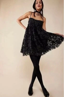 Free People NWT S Black Lace Glitter Mini Dress Holiday Party Cocktail Goth - Image 1 of 4