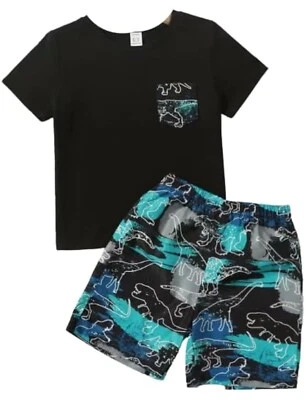 Niño Conjunto 2 Piezas Dinosaurio Bolsillo Camisa y Dinosaurio Pantalones Cortos Foto 1 de 4