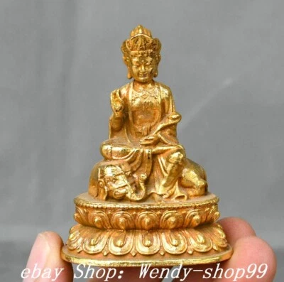 2.7" Old Chinese Bronze Gilt Puxian Guanyin Kwanyin Ride Elephant Buddha Statue - Image 1 of 4