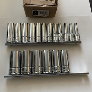 URREA 52203 - 18 Piece 3/8" Drive 6 Point Deep Metric Chrome Socket Set on Rails - Picture 1 of 9