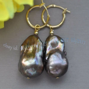18-25mm Natural Peacock Black Baroque Edison Keshi Pearl Dangle 14K GP Earring - Picture 1 of 3