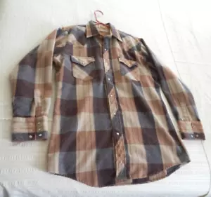 Corral West Ranchwear Shirt 16 34 Flannel Brown Gray Plaid Long Sleeve EXCELNT - Picture 1 of 3