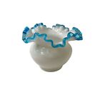 Vintage Fenton Aqua Crest Ruffled Crimped White Blue Trumpet Vase Bowl 5.5" Wide