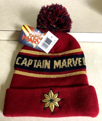 Gorro Captain Marvel ajustado rojo azul marino dorado pompón tejido puños bordado Foto 1 de 4