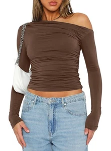 Women's Casual Basic Going Out Crop Tops Slim Fit Long Sleeve Off Shoulder Ti... - Picture 1 of 4
