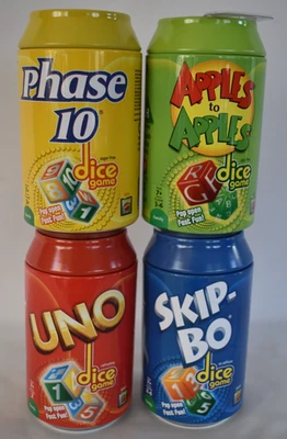 Lot of 4 Phase 10 Dice Game Uno Skip-Bo Apples Soda Tin Can COMPLETE Mattel 2011 - Image 1 of 4