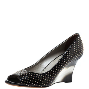 Versace Black Patent Studded Peep Toe Pumps Size 37 - Picture 1 of 8