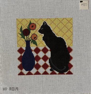 HP A019 Cat with Flowers Hand Painted Needlepoint Canvas 13mesh 6 x 6 - Image 1 of 3