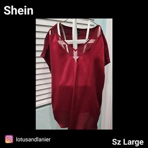 Top satinado rojo Shein con escote de malla transparente y detalle de hombro talla grande - Imagen 1 de 6