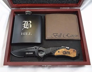 5 Groomsmen Gift Sets, Tactical Rescue Knife, Flask, Leather Wallet, Corporate - Picture 1 of 2
