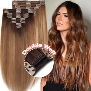 Double Wefted Clip-Ins Real Remy Human Hair Extensions Full Head 100% Thick 170g
