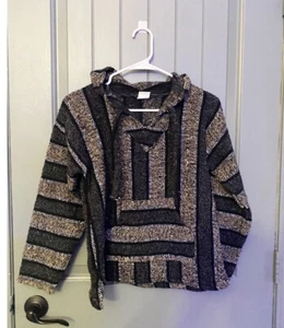 Mexikanische Textilien schwarz hellbraun BAJA HOODIE PONCHO TEPPICH JACKE SURF Small Kapuze S - Bild 1 von 6
