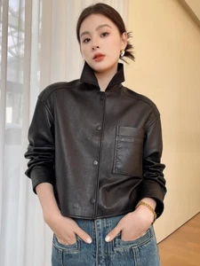 Womens Genuine Lambskin Leather Shirt Jacket Black Oversized Cropped Relaxed Fit - Picture 1 of 7