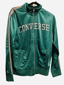 Converse Track Jacket Green Zip Up Retro Varsity Logo Striped Sleeve Men Large - Picture 1 of 11