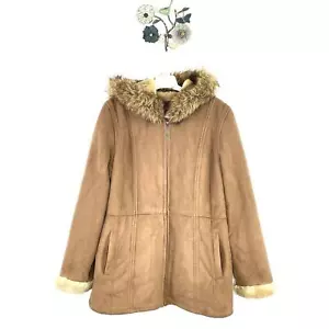 Gallery Women’s Jacket Faux Suede Leather Faux Fur Beige Size Large Hooded - Picture 1 of 12