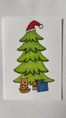 Оригинальный акриловый маркер и ручка ACEO Christmas Tree от Heather Lehto 2,5 x 3,5 дюйма - Изображение 1 из 2