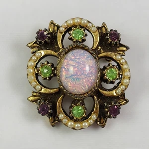 Broche prendedor vintage de ópalo sintético, perlas semilla y diamantes de imitación tono dorado estilo victoriano - Imagen 1 de 4