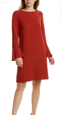 Lafayette 148 Jorie Shift Dress Size L Brick Red Knee Length Long Bell Sleeve - Image 1 of 4