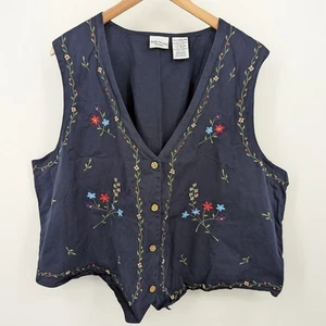 Vintage 100% Cotton Navy Blue Bobbie Brooks Floral Embroidered Vest 26-28W 90s - Picture 1 of 4