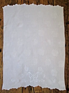 Toalla de baño de mano de lino vintage blanca bordada mariposa rosa damasco blanco 32" - Imagen 1 de 10