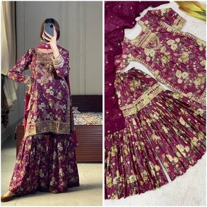 Ready Made Chinnon Silk Top And Sharara With Dupatta For Functional Wear - Picture 1 of 11