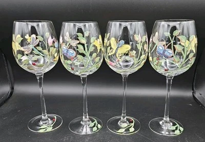 4 Lenox Butterfly Meadow Wine Glasses, Hand-Painted Ladybug Dragonfly - Image 1 of 4