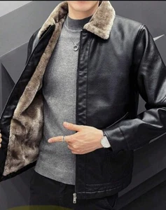 Warm Distressed Black Slim Fit PU Leather Bomber Jacket With Faux Fur Lining - Picture 1 of 6