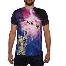 Faux Real Men's 3D Ugly Christmas Short Sleeve T-Shirt, Galactic Xmas Kitty, L