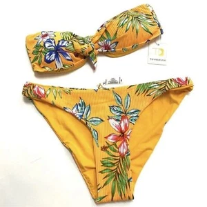TiniBikini Gelb Blumendruck Trägerlos Bikini Oberteil Slip Unterteil Schwimmen Set XS - Bild 1 von 7