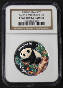 1998 PF-69 ULTRA CAMEO SILVER MULTI-COLORED CHINA PANDA - SCARCE 5 YUAN COIN - Picture 1 of 2