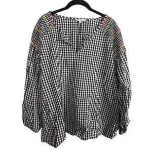 Madewell Smocked Black White Check Embroidered Gingham Peasant Tassel Top Sz XL - Picture 1 of 6