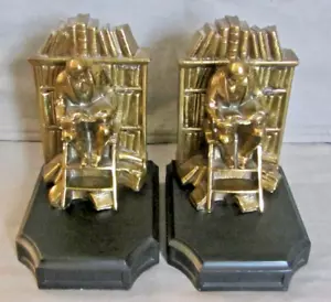 Antique Vintage SCHOLAR THINKER BOOKEND SET Library Figure BRASS METAL Librarian - Picture 1 of 7