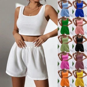 2PCS Womens Joggers Tracksuit Summer Vest Tops+Shorts Lounge Wear Co Ords Set UK - Picture 1 of 34