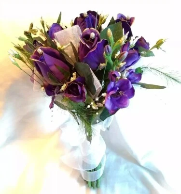 Bridal Bouquet Purple Gold Silk Rose Wedding 12" Faux Floral Gift Decor Tabletop Foto 1 de 4