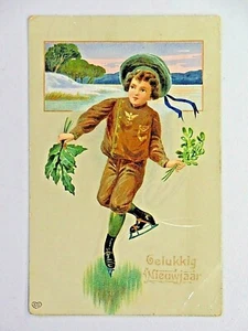 Holländisches Happy New Year Gelukkig Nieuwjaar süßer Junge Eislaufen 1909 Postkarte 3980 - Bild 1 von 2
