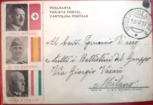 Hitler Franco Mussolini 3 Popoli WWII PC viaggiata 1937 firmata Angelo Ferri - Imagen 1 de 2