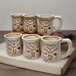 6 Vtg Cozy Cottage Fall Ceramic Winking Owl Cups Mugs Have A Nice Day 1970's - Picture 1 of 9