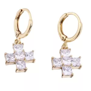 White Natural Crystal Cross Earrings 18K Gold Plated Real Jewelry Talismans - Picture 1 of 5