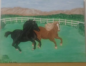 Pferde laufen frei 9"×12" Acryl Leinwand Pferd, Tiermalerei - Bild 1 von 1
